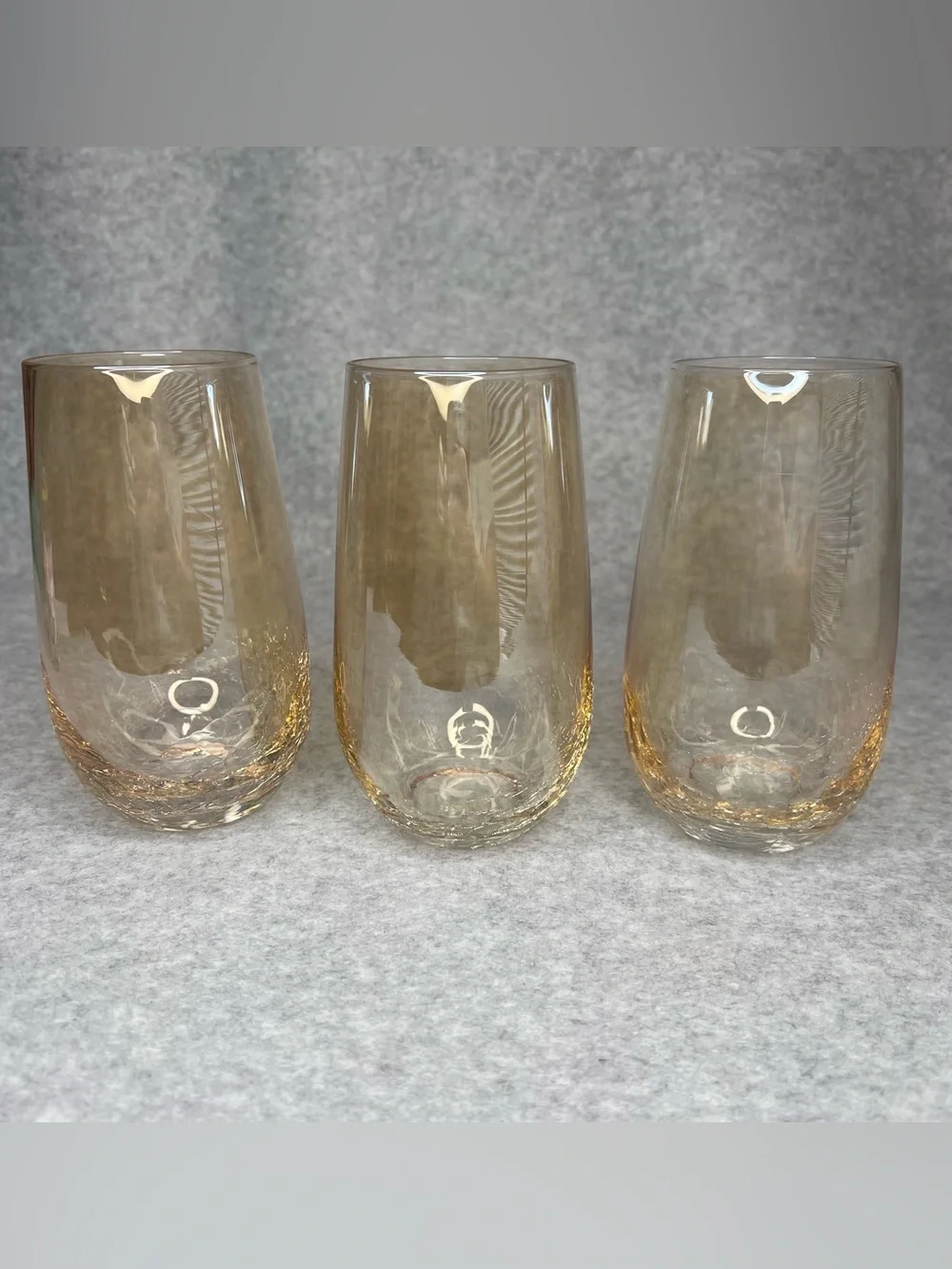 Pier 1 Amber Crackle Golden Luster Hand Blown Highball Glass Set of 3 Retired